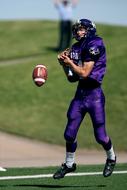 American football player in violet uniform, on the green grass field