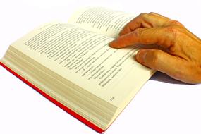 Person, reading a book, with the hand, at white background