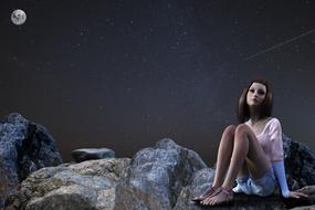 Girl, sitting on the rocks, at the night, under the sky with the Moon, clipart