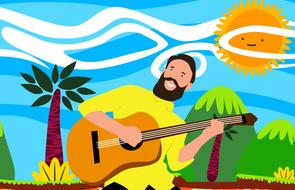 drawn guitar player on tropical nature background