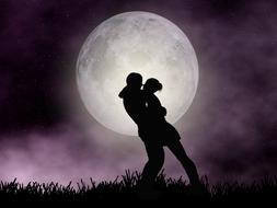 silhouette of romantic couple at full moon, drawing