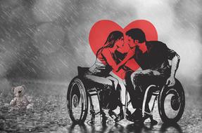 wheelchair couple in love in the rain