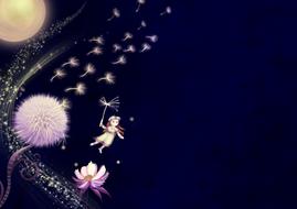 Beautiful drawing of the girl, flying on a dandelion seed, among other seeds, above the colorful flowers and under the Moon, on clipart