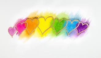 rainbow colored hearts in row, watercolor painting