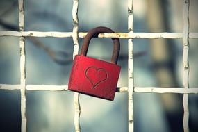 Close-up of the beautiful, red, rusty padlock with the heart, on the fence