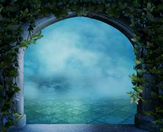 mystical landscape through an antique window with green ivy