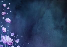 Beautiful drawing of the violet and white flowers with petals, at blue and black background, on clipart