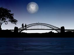 romantic drawing, silhouette of couple love on bridge at nignt