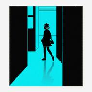 Black silhouette of the girl, with the bag and shadow, in the building, in turquoise and black colors, clipart