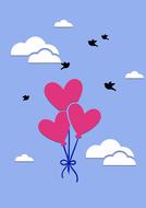 drawn balloons in the shape of hearts on a background of blue sky and a flock of birds