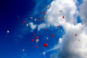 red and white balloons high in the sky