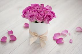 bouquet of roses in a white box