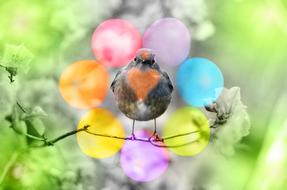 Beautiful and cute, orange and grey bird, with the heart, among the colorful and beautiful Easter eggs and plants, in light