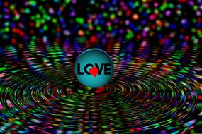 Blue "LOVE" icon with read heart among the colorful lights
