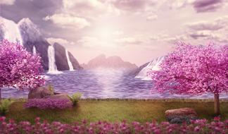 romantic image of blooming purple trees on the background of waterfalls