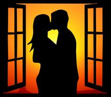 sunset window couple kiss drawing