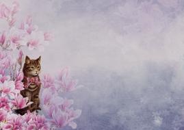 painted cat and pink flowers on a postcard