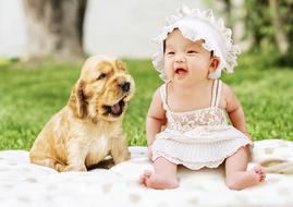 Baby and Dog Animal on blanket