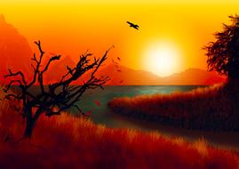 painted landscape of autumn lake at sunset