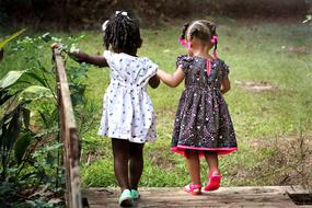 two little girlfriends walk on a wooden bridge