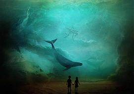 Beautiful dream clipart with the children, near the whale in the sea