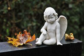 white angel sculpture on tombstone and autumn leaves