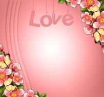 pink background with the word love and flowers