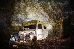 child boy sits at Abandoned school bus in lost place, digital art