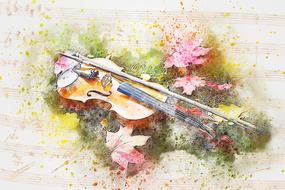 painted violin among autumn leaves