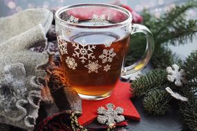 wallpaper with warm tea and Christmas decoration