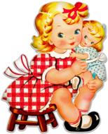 retro drawing of a girl with doll