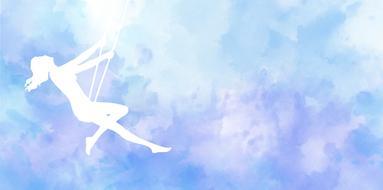 white silhouette of women on swing at blue watercolor painting