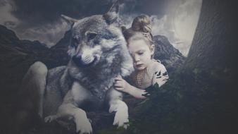 Beautiful landscape with the wolf and girl among the plants