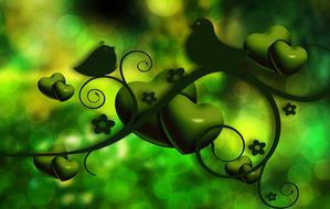 hearts and birds at green background, digital art, valentineâs day