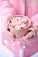 hot chocolate with marshmallows in a cup in hands