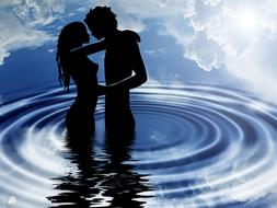 couple in Love standing in water beneath clouds, Romantic Design