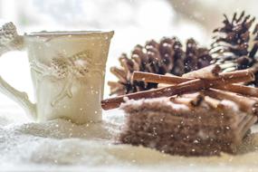 Pine cones, cup and other decorations in snow