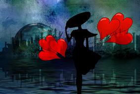 drawn silhouette of a girl in a black hat with red hearts on a background of the metropolis