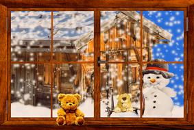 a teddy bear on the windowsill and a snowman outside the window