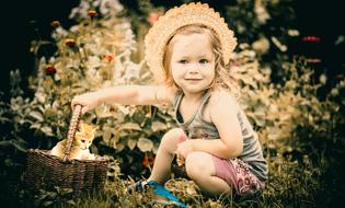 Baby Kids and Cat in basket