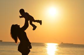 Mother and Daughter in Love on the colorful sunset above the water