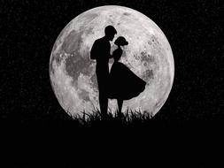 silhouette of a romantic couple on the moon background