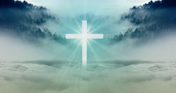 glowing cross on white clouds