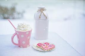 Beautiful and colorful still life with the cup of hot chocolate, cookies and white bottle with the gold ribbon, on the table, among the snow, in winter