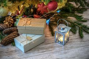 gifts, lantern, Christmas decorations and pine cones