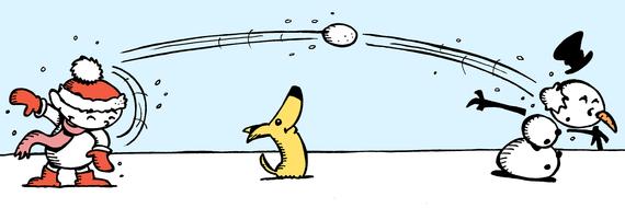 clipart of cartoon snow ball fight, child, snowman and dog at winter
