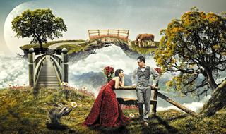 young couple at Fantasy background, collage