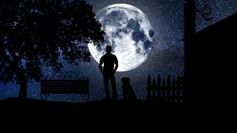 man with a dog on a background of the starry sky and a large full moon