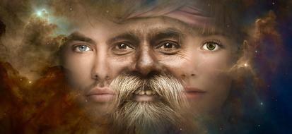 Fantasy collage, faces of child boy, young and old men together