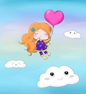 cartoon girl flying in a balloon among the clouds